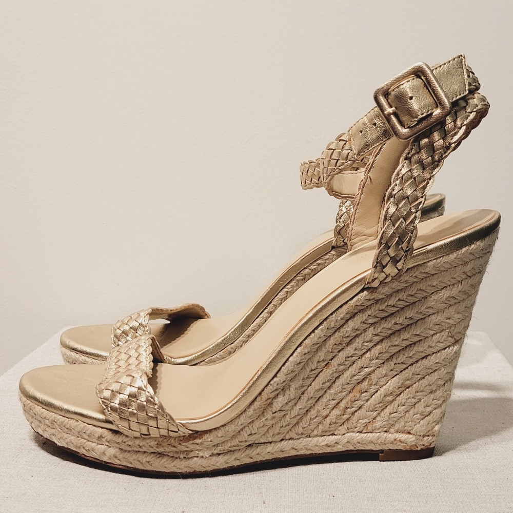 Ann Taylor Metallic Gold Braided Espadrille Wedges 9M